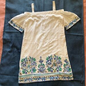 Sandra Darren Off-Shoulder Lined White Dress with Blue and Green Embroidery